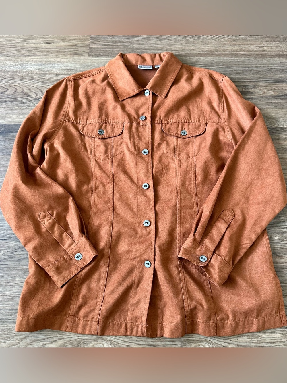 Chicos Faux Suede Button Front Shirt 2 Large Brown/Orange Retro Long Sleeve EUC